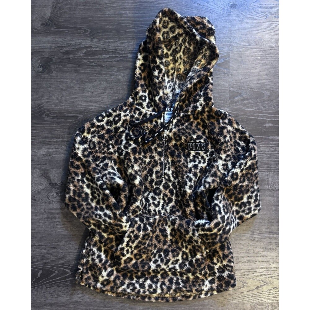 y2k PINK Victoria's Secret Leopard Print Sherpa quarterzip Hoodie Women's Size M